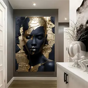 Frameless Modern Kintsugi Golden Portrait Canvas Art , Abstract Woman Face with Golden Accents, Black Background, Contemporary Wall Decor for Living Room & Bedroom, Aesthetic Room Decor Poster Decoration Ornaments Artistic Photo Print