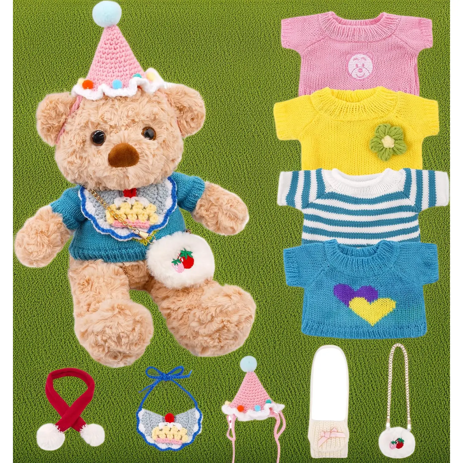 Bear Clothes 10 Pcs Outfit Set Sweater Cute Bag Fits 14-18 Inch Stuffed Animal Bear Toy Plush Doll Clothes Birthday Gift for Girls Boys Kids