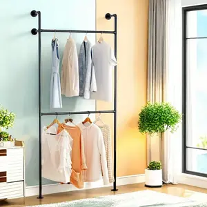 Industrial Pipe Clothing Rack, Heavy Duty Metal Clothes Rack with Double Rods for Hanging Clothes, Wall Mount Space-Saving Garment Display Rack Iron Laundry Hangable Black