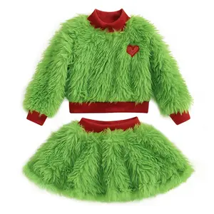 Christmas Green Monester Outfit for Infant Toddler Kid Little Girls Furry Sweatshirt Pullover Mini Skirt Set Xmas Photo Clothe