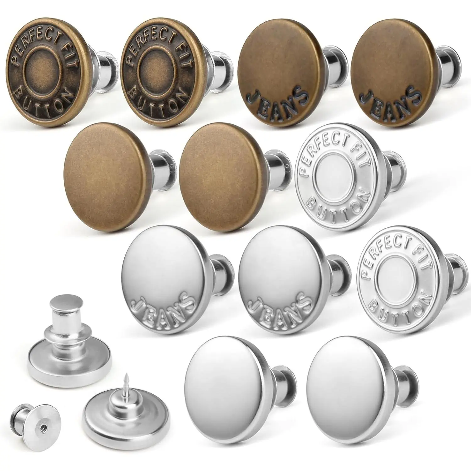 12 count Jean Button Pins for Loose Jeans, No-Sew Nailess Removable Metal Jeans Buttons Replacement,  and Adjustable Clothes Buttons