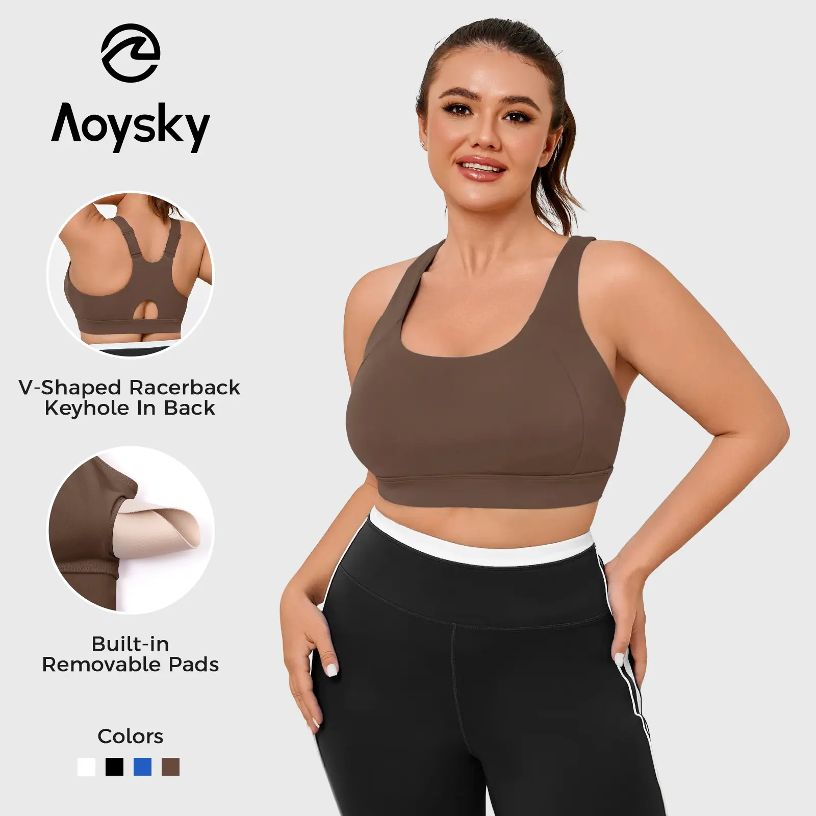 Aoysky Women's CloudSoft Padded Racerback Sports Bra for Women - Plus Size, Adjustable Straps, Scoop Neck Yoga Clothes for Gym Workouts, Polyester, Athletic, Plain