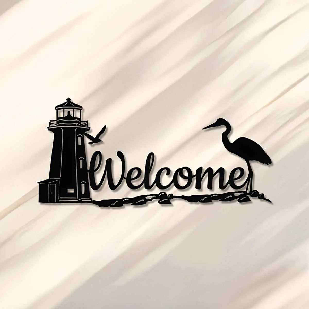 Lighthouse & Bird Design Welcome Sign, 1 Count Metal Wall Art, Creative Hanging Decor for Home Living Room Bedroom Dining Room