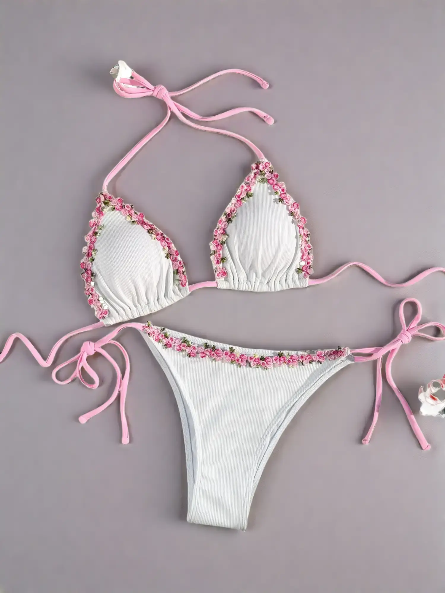 Women's Floral Bikini Set, Boho Fashion Tie Back Halter Triangle Swim Bra & Tie Side Swim Bottom, Ladies Summer Swimwear for Beach Holiday Vacation, B