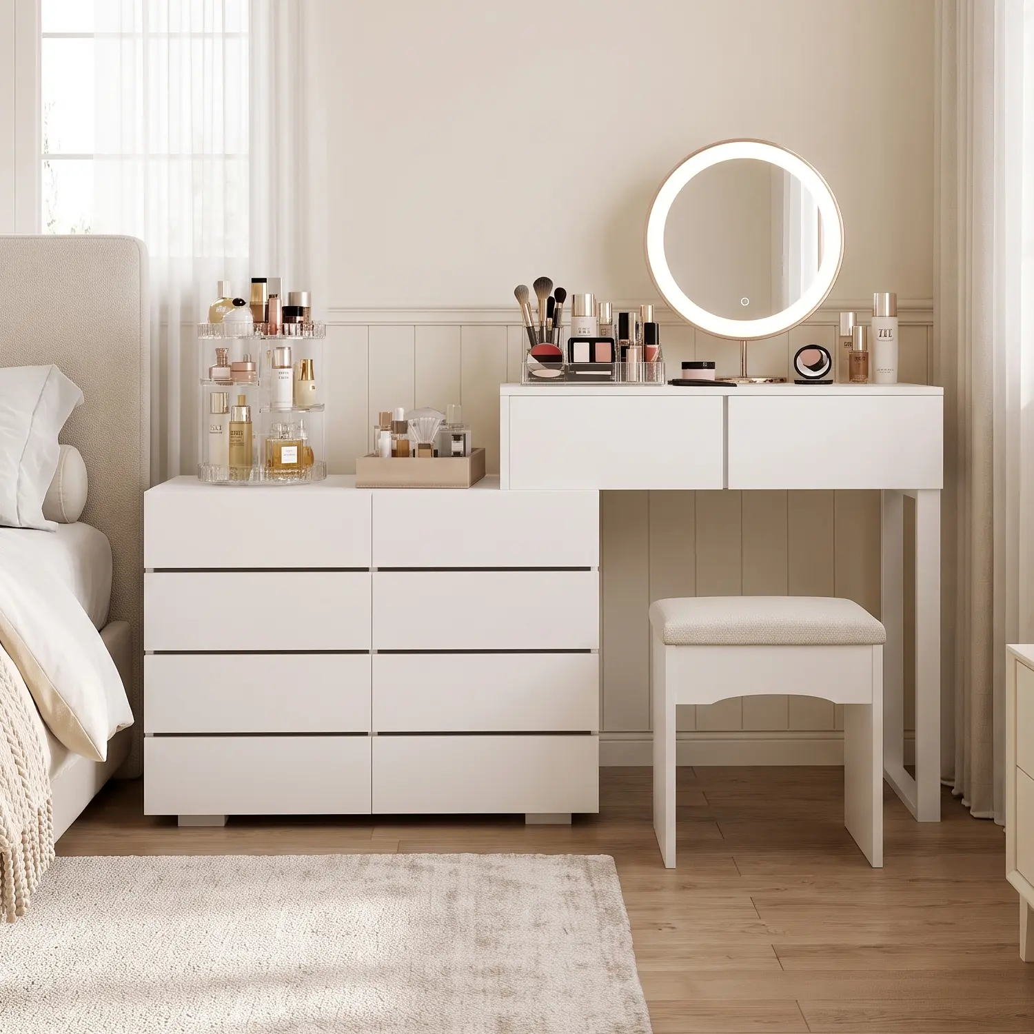 White 10 Drawer Dresser with Extendable Vanity Table, Modern Handleless Chest of Drawers, Multipurpose Storage Cabinet for Bedroom Living Room