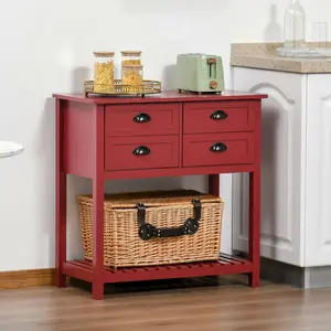 Modern Red Coffee Bar Cabinet with 4 Drawers and Bottom Shelf for Coffee Mugs Tea Bags for Small Apartment Condo Kitchen Island Extension Holiday Dinner Serving