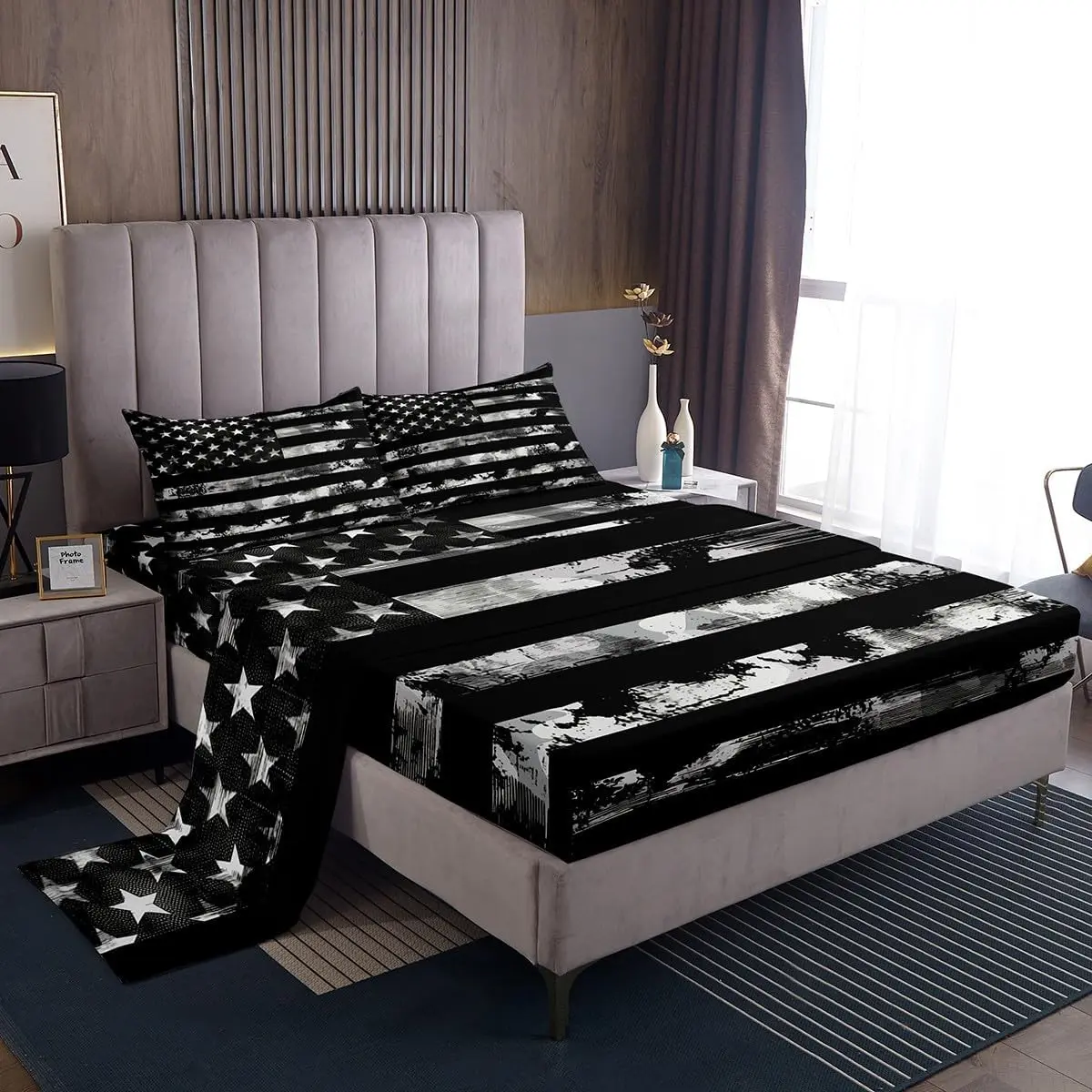 Camo American Flag Sheet Set,Vintage Grey Black Army Camouflage Bed Sheets,Militarily Bedding Set,Geometric Star Stripe Flag Fitted Sheet + Flat Sheet + 2 Pillowcases