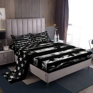 Camo American Flag Sheet Set,Vintage Grey Black Army Camouflage Bed Sheets,Militarily Bedding Set,Geometric Star Stripe Flag Fitted Sheet + Flat Sheet + 2 Pillowcases
