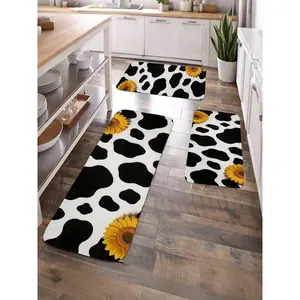 1/2/3pc Cow Print With Yellow Sunflowers Minimalist Printed Flannel Doormat, Durable Washable Fade-Proof Plush Kitchen Mat, Soft Flexible Easy To Clean Patterned Flannel Mat, Suitable For Entryway Kitchen Bathroom