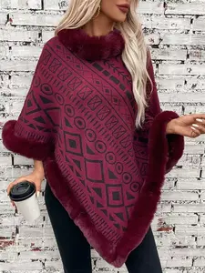 Women's winter coat print casual fur collar shawl pullover all-in-one bat shirt shawl warm and windproof one-size-fits-all shawl suitable for use with winter hijab coats, dresses, skirts, Scarf wrap, very suitable for Christmas and New Year gifts