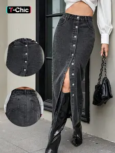 Elegant Fashion Denim Skirt for Women, Trendy Spring Summer Long Dress, Elastic Multi-Buckle Craft, Sexy Fitted Style, Button, Womenswear