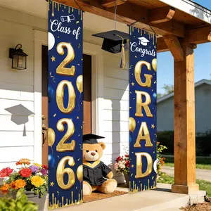 2D plan 2026 graduation ceremony front porch logo party banner | Blue background, with ribbon, diploma and gypsum board design, polyester fiber, suitable for indoor and outdoor hanging decoration 180x30cm