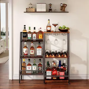 3-Tier Trapezoidal Freestanding Wine Rack, Liquor Bottle Display Shelf with Glass Holder & Fences, Mini Bar Table for Home Bar Storing Liquor Whiskey Wine (Patent Pending)