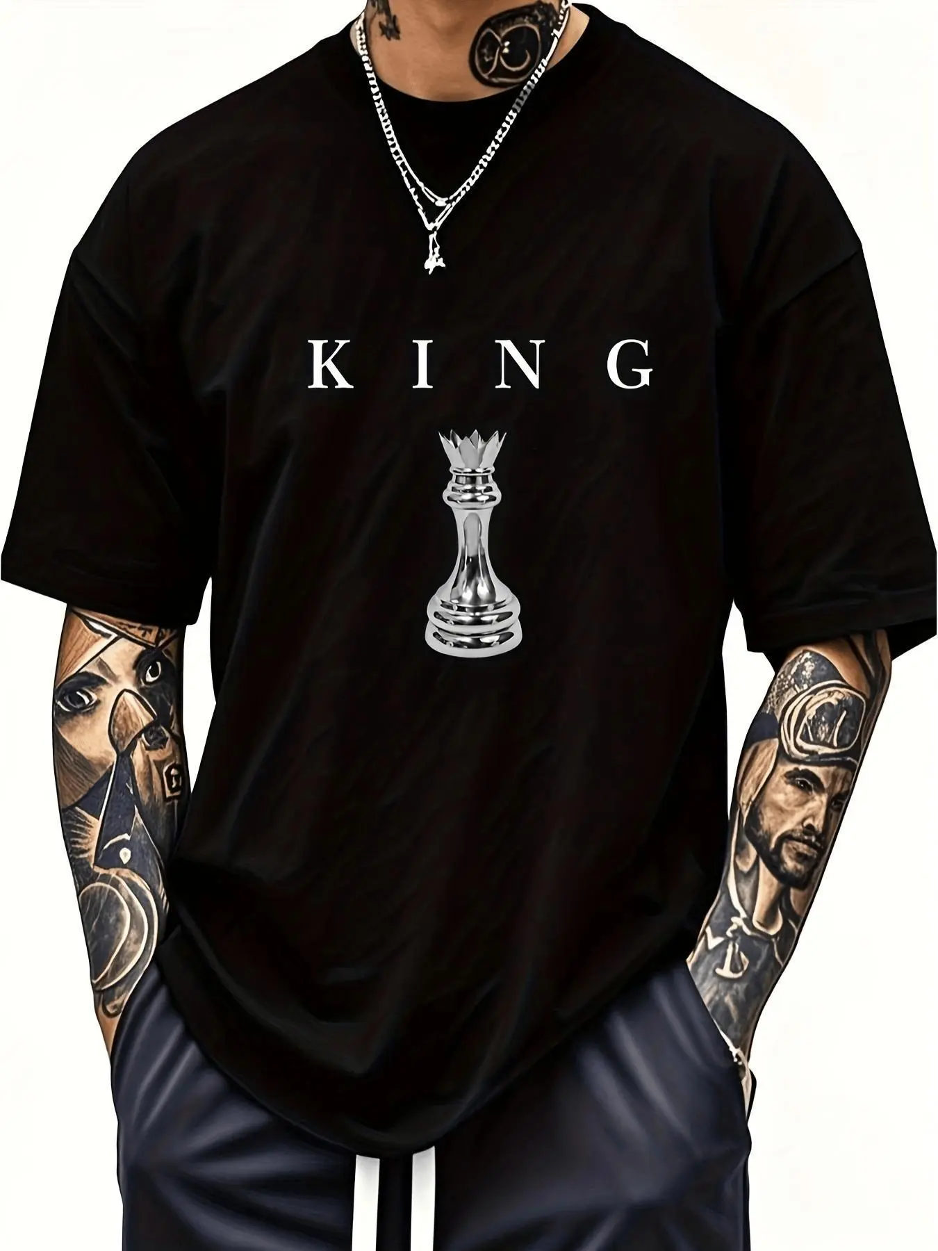Men Heavy 180G TShirt with Chess King Design in Black Casual Round Neck Short Sleeve Top