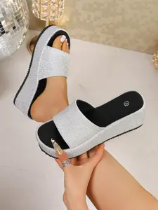 Women's Sequin Strap Wedge Sandals, Spring Summer Thick Sole Heeled Platform Slippers, Glitter Heeled Sandals, Bling Design, Party Focal Point, Multiple Colors Available