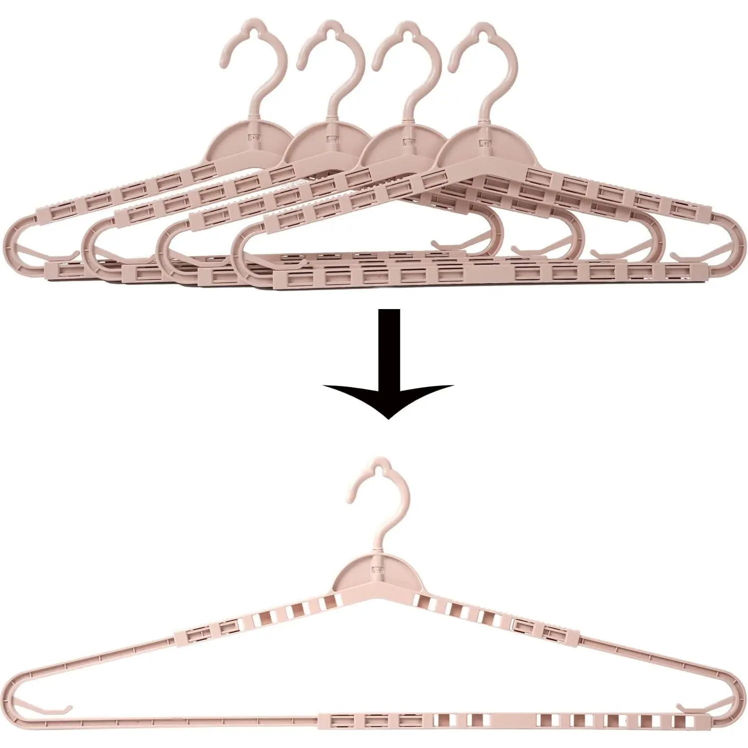 Plastic Hangers Organiser (4-Pack), Sturdy Durable Hanging Laundry Hangers, Adjustable 16.5"-26" Enlarge Design for Wide Polos, Cardigans, Quilts, Bath Towels (Light Pink)