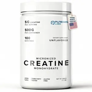 Puregen Labs Micronized Creatine Monohydrate Powder 500g – 5g per Serving, 100 Servings, Unflavored & No Additives, Third-Party Tested