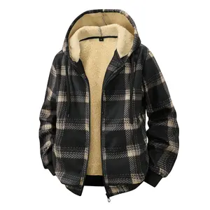 Men's Plaid Pattern Fleece Lined Hooded Comfortable Zip Up Cardigan Sweatshirt