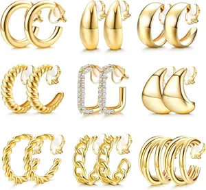 LOLIAS 9 Pairs Gold Clip on Earrings for Women 14K Gold Plated Waterdrop Chunky Clip on Hoop Earrings No Piercing Fake Earrings Set