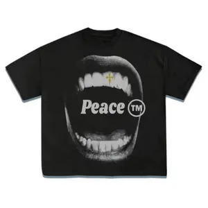 Vintage Bold Statement Peace Graphic T-Shirt With Artistic Mouth Print Graphic Tee Relaxed Everyday Tee