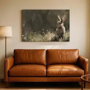 Vintage Easter Bunny Canvas Wall Art, Antique Spring Rabbit Painting, Neutral Farmhouse Wall Decor, Dark Moody Rustic Canvas Print for Living Room Bedroom