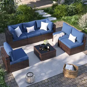 [3 packages delivery] UDPATIO Modern Outdoor Wicker Sofa Set, 7 Piece Outdoor Sectional Sofa, Modular Wicker Outdoor Furniture Conversation Set with Waterproof Cover for Backyard Deck,Porch,Pool Deck Garden Lounge