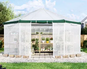 VanAcc 13.5x13.5x9 FT Hexagonal Walk-in Greenhouse for Outdoors, Heavy-Duty Greenhouse with Windbreak Ropes, Waterproof PE Cover, Ground Stakes, Tunnel Green House for Garden, White/Green