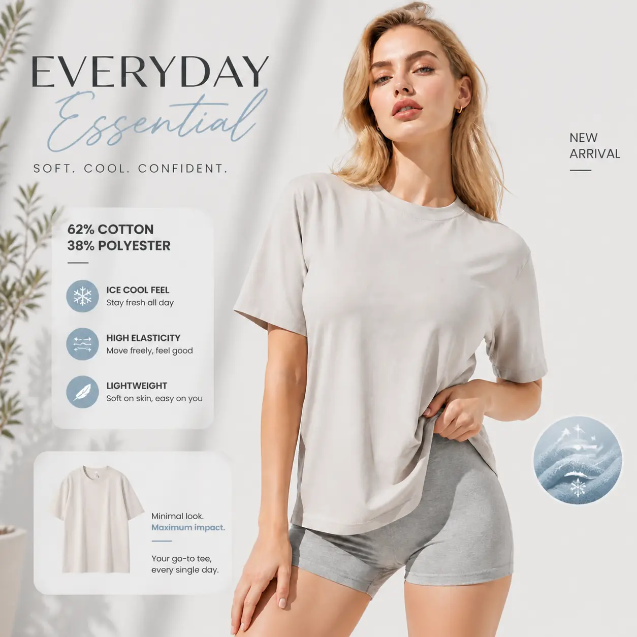 Women's Ice Cool Cotton Blend Shortsleeve Basic T-Shirt - High Elasticity, Lightweight Round Neck, Loose Minimalist Casual Top - Soft, Breathable Summer Streetwear Essential (38% Polyester)