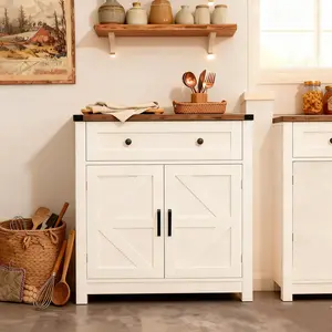 Farmhouse Storage Cabinet with Barn Door, Buffet Sideboard for Living Room, 31" Small Space Organizer for Dining Room, White Oak