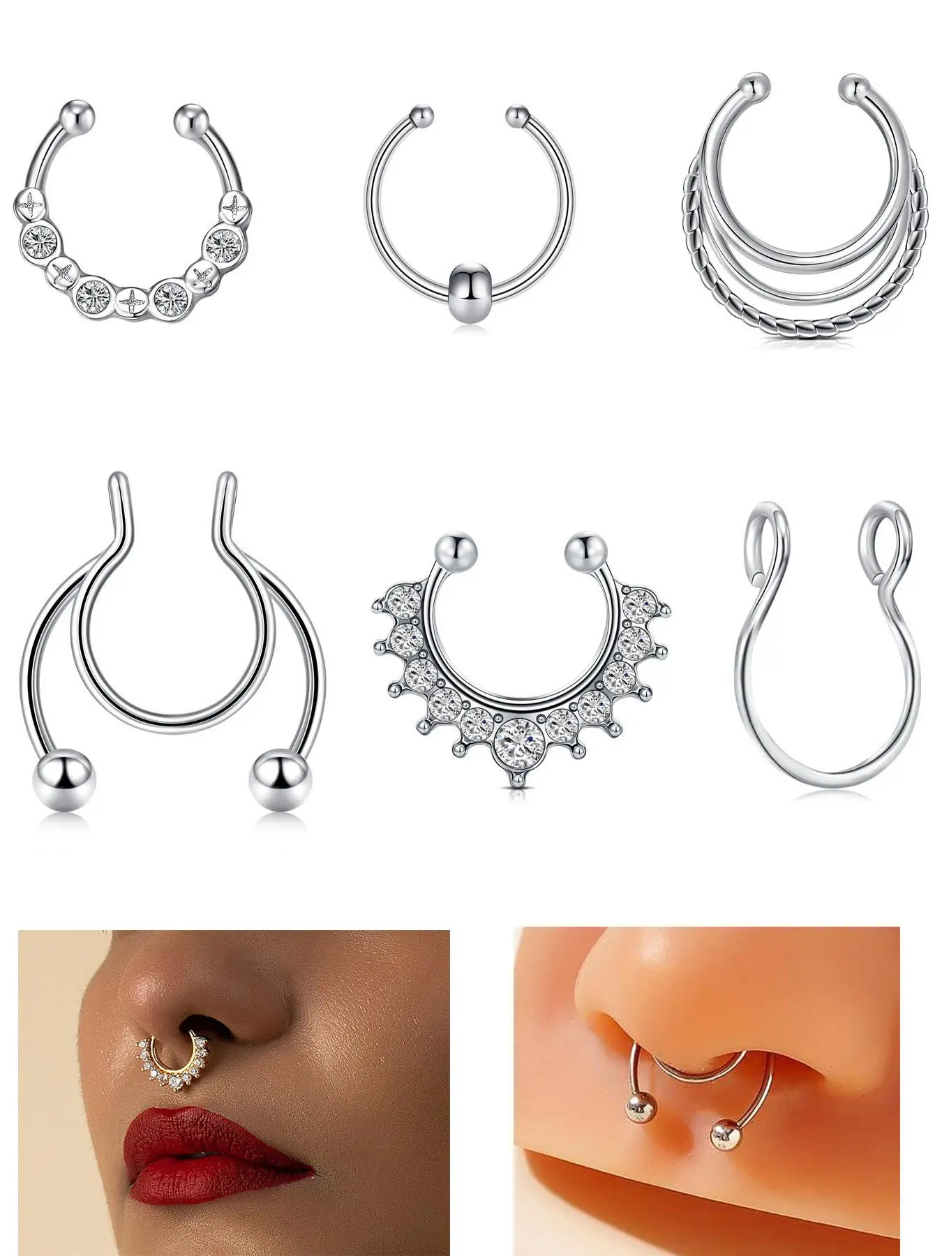 Fake Septum Ring Faux Nose Septum Rings Clip on Septum Nose Ring, No Piercing Fake Septum Hoop, Fake Nose Jewelry Stainless Steel No Pierced for Women Men Body Jewelry Fake Piercings Non Piercing Jewelry Body Jewellery