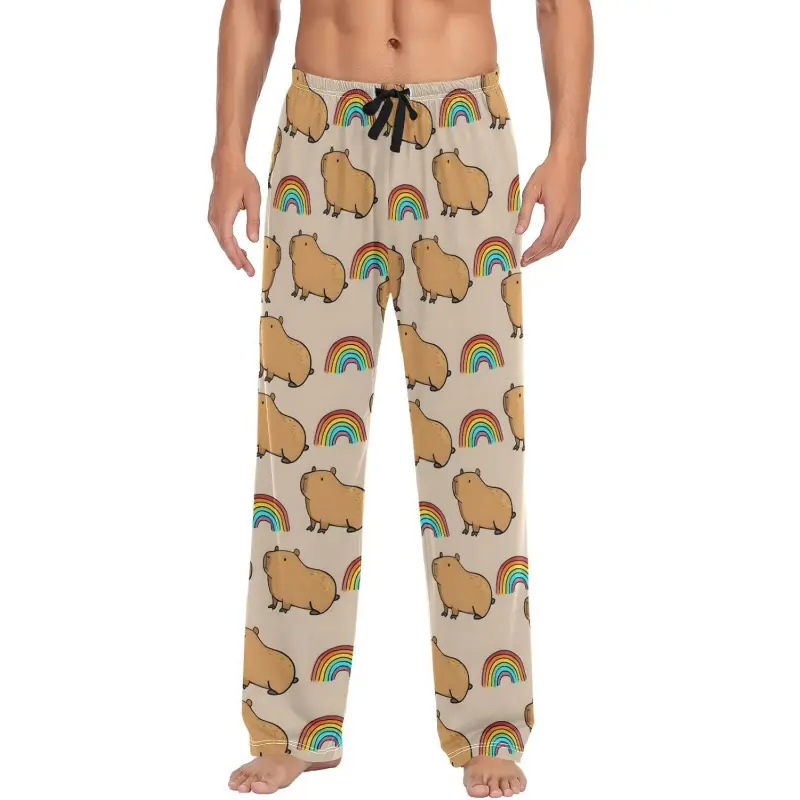 Mens Pajama Pants Capybara Rainbow Lounge Pants with Pockets Elastic Waist Sleep Bottoms Big Casual Long Modal Polyester Loungewear Menswear Pjs for Home Gym Nightwear Day Homewear Pyjamas Multi