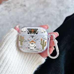 Cowboy Ghost Fantasy Pattern TPU Soft Protective Case for Apple AirPods 4/3/2/1/Pro/Pro2 Transparent Earphone Cover with Keychain Attachment
