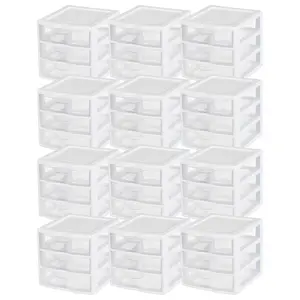 Sterilite ClearView Plastic Small 3 Drawer Desktop Storage Unit, White, 12 Pack