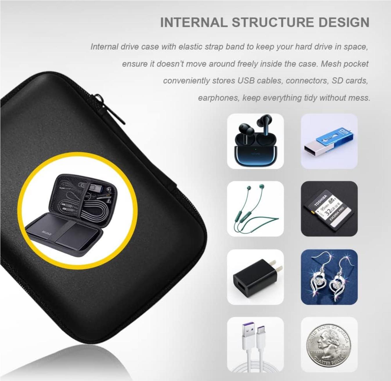 Hard drive/sound card/mini game console portable case storage and storage bag multi-purpose universal portable bag, compatible with Western Digital WD Elements Seagate, 2.5-inch EVA shock resistant travel case (black)