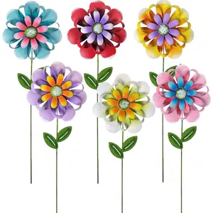 Metal Flower Garden Stakes, 6 count. Set, Large Colorful Decorative Landscape and Gardening Outdoor Decor, Lawn and Yard Ornament, Rust and Weather Resistant