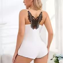 Women's Suspenders Lace Trim And Bow Design Pajamas Sleeveless V-Neck Pajamas Set Sleepwear Suit Sexy Solid Home Clothes Summer Womenswear