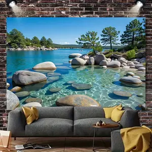 1pc Polyester Backdrop Featuring a Mountain Lake Scene, Showcasing a Vivid Green Forest Reflection. This Wall Mural Includes a Tranquil Lakeside Stone Landscape, Realistic Sky, And Pine Trees