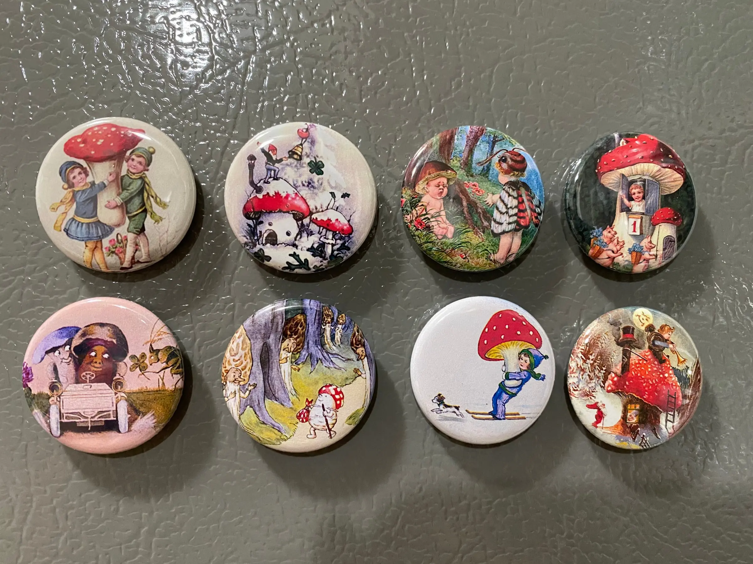 8 Mushrooms Fantasy Buttons or Pinback Buttons, flatbacks, vintage Pictures Gnomes.  You choose the size!