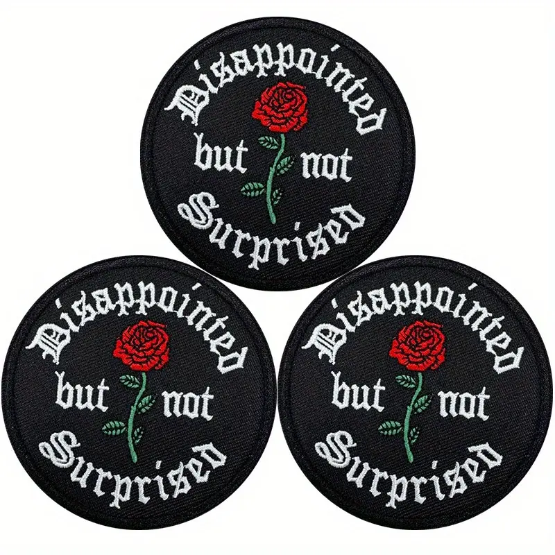 3pcs Emo Aesthetic Iron-On Patch Set - Polyester Knitted Fabric, Emotional Quote & Rose Embroidered, Sew-On Option Included, Ideal for DIY Projects, Clothing & Hats (Sewing Supplies for Emo Style Fans)