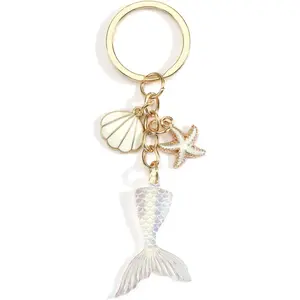 Beach Keychain,Mermaid Tail Keychain with Seashell Conch Starfish Charms,Birthday Gift for Women Friends Beach Lover