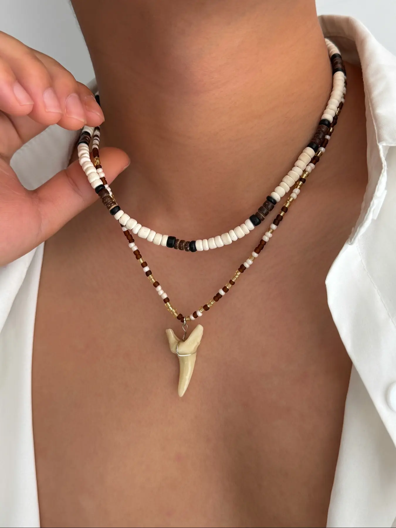 Men's Colorblock Beaded Chain Fashion Necklace, Wolf Tooth Pendant Decoration, Vintage Workwear Style Daily Commute Necklaces, Casual Style Necklaces
