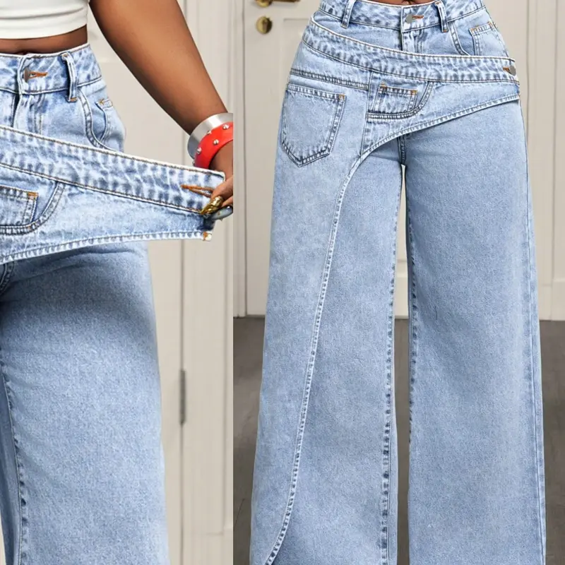 Women's Casual Denim Long Pants, Elegant Plain Pattern, Loose-Fitting, All-Season Fashion, Trendy Asymmetrical Design