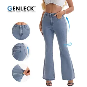 Genleck High Waisted Flare Jeans Stretch Butt Lift Tummy Control Light Wash Denim