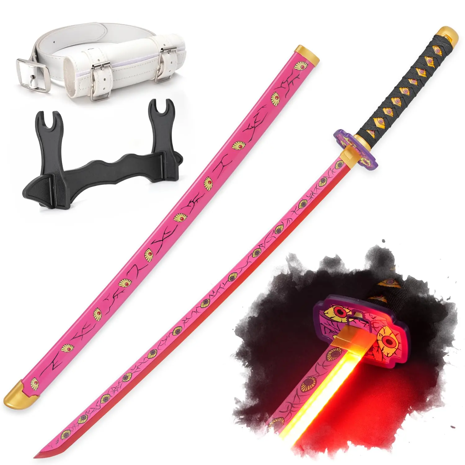 ELERVINO 41in LED Lighting Anime Sword, 1.1 lb Plastic Demon Slayer Kokushibou Cosplay Prop, with White Belt Holder & Stand Display, Easy Handling Role Playing Prop for 12+ Years Halloween Gift Decoration