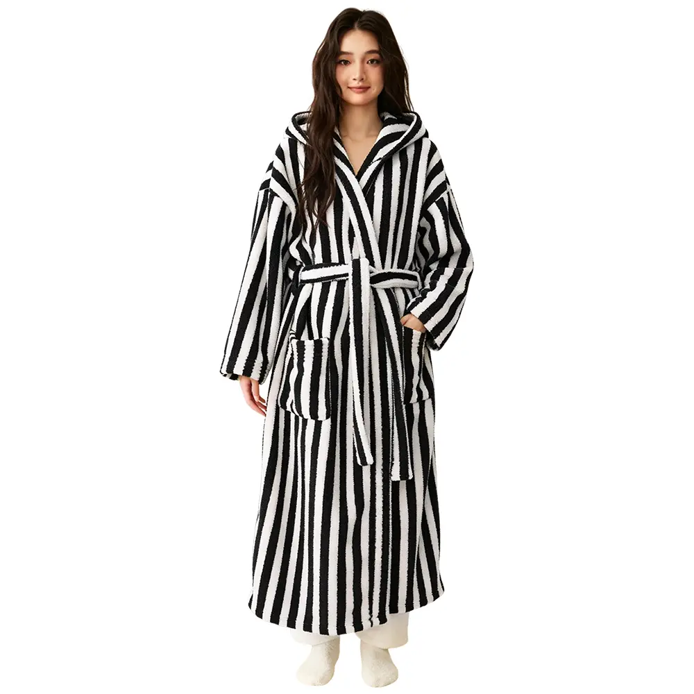 Yimoon Womens Striped Fluffy Robe Hooded Plush Long Bathrobes Fuzzy Thick Warm Housecoat Soft Loungewear