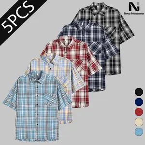 Fashion Men's 5 Pack Plaid Short Sleeve Button Down Shirts, Loose Checked Casual Tops, Trendy Streetwear Style Clothing for Summer Daily Outfits and Street Wear