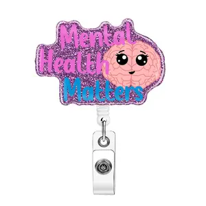 Mental Health Matters Cartoon Design Badge Holder, 1 Count Retractable Badge Reel with Clip, ID Badge Buckle for School Office Hospital, Nurse Badge Reel, Medical Badge Reel