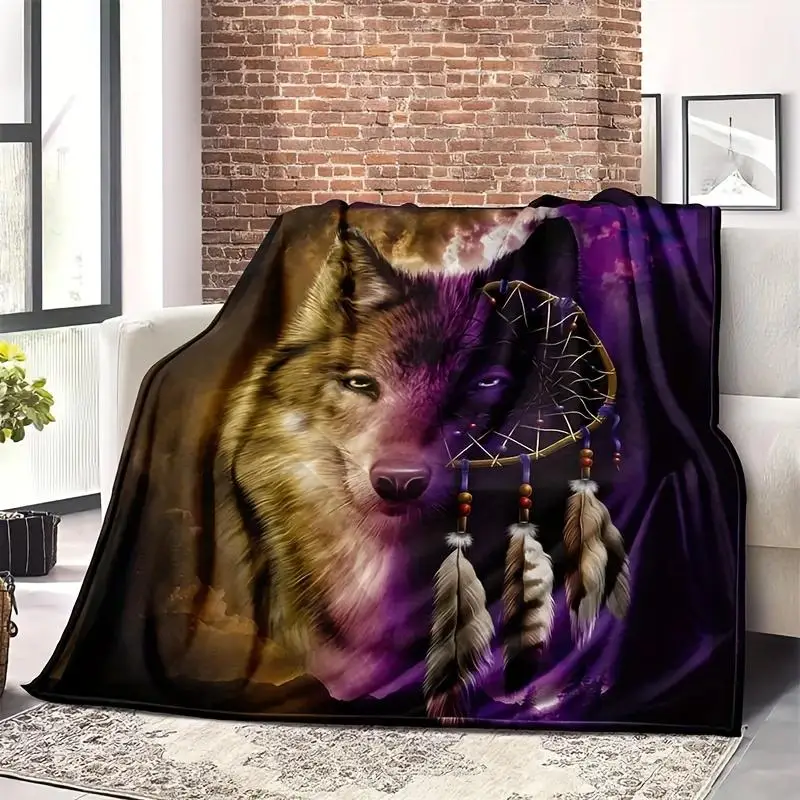Portable Soft Flannel Blanket, 1 Count Wolf Pattern Decorative Throw Blanket for Home Office School, Bedding Supplies