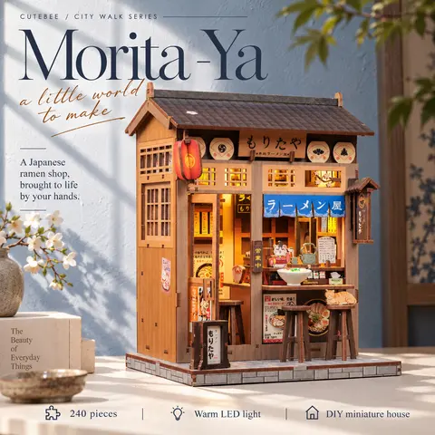 Morita-Ya 3D DIY Miniature Doll House Kit, Japanese Ramen Shop Collectible Building Set for Adults, 240-Piece Wooden Model Kit with Touch-Control LED Light, Craft Gift & Shelf Decor