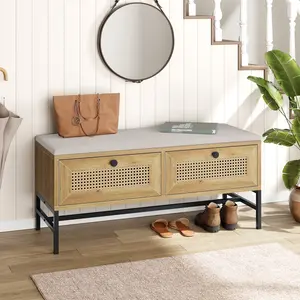 Rattan Shoe Bench with Linen Seat Cushion, Entryway Bench with Storage Cabinet, Wooden Storage Bench for Hallway and Bedroom, Natural Oak